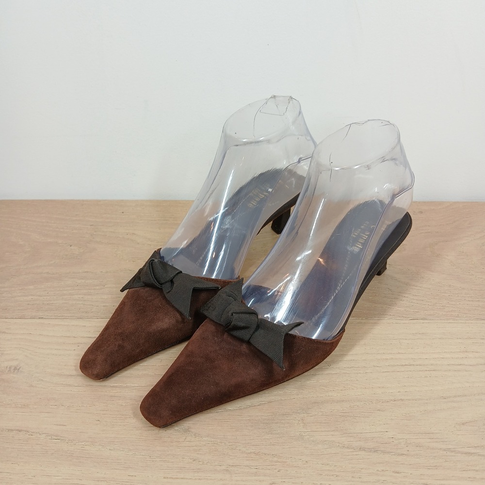 Kate Spade Kitten Heel Mules Women 6 Brown Suede Bow Pointed Toe Slingback Shoes